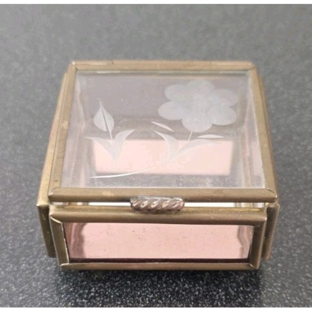 Leaded Brass Trinket Box Pink-Stained Glass Sides Etch Flower Top Mirror Base